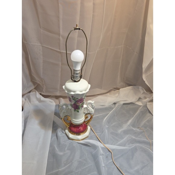Worral Other - Victorian Style Lamp Worrall Roses Swans Gilded Ceramic 1940s Signed  Wescal Wrk